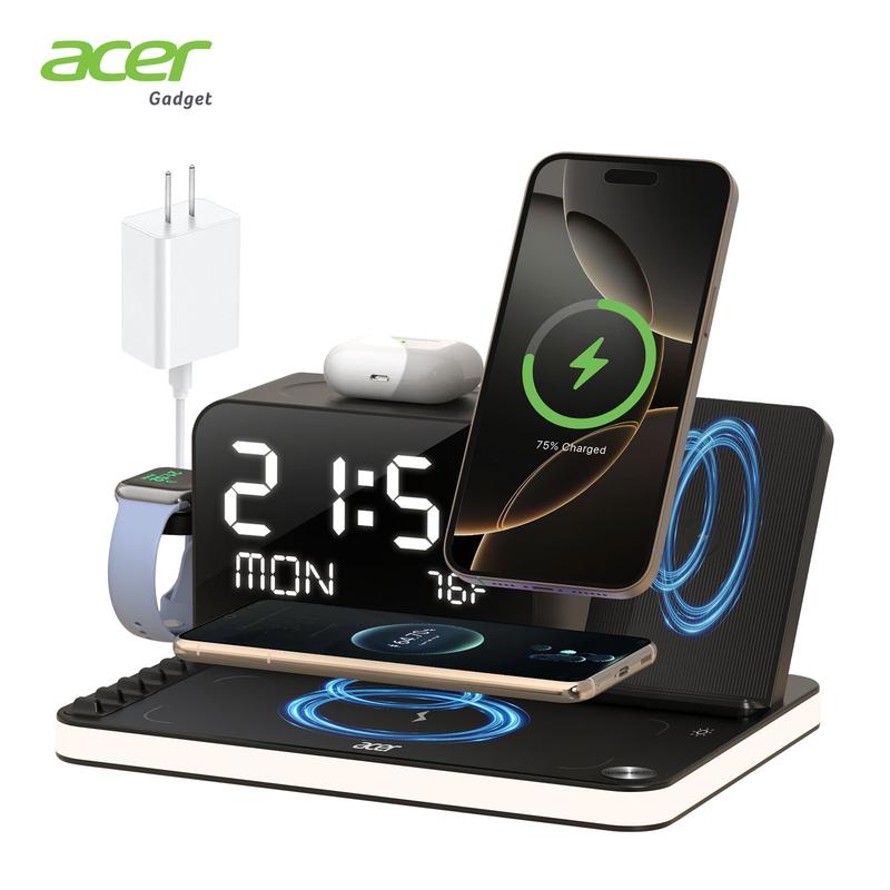 7-in-1 Wireless Charging Station with LED Night Light, Bluetooth Clock, USB-A & USB-C, Gift Ready