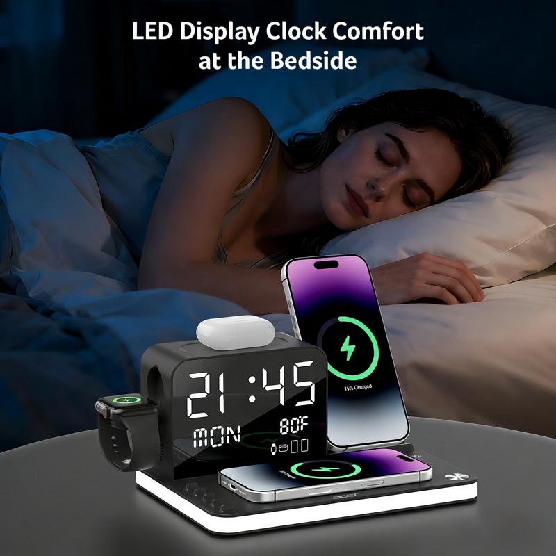 7-in-1 Wireless Charging Station with LED Night Light, Bluetooth Clock, USB-A & USB-C, Gift Ready
