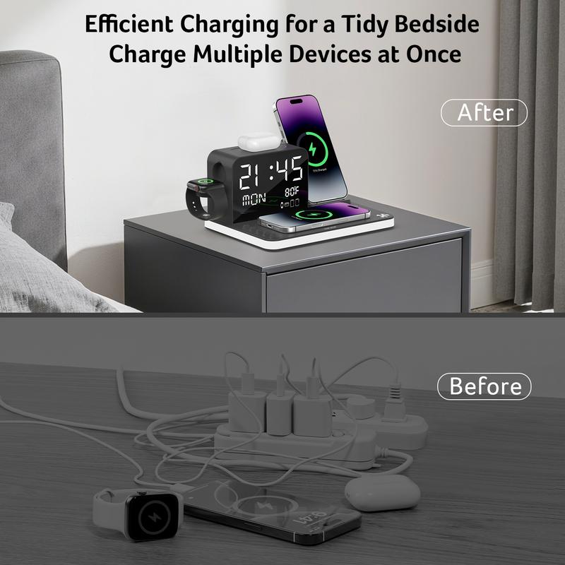 7-in-1 Wireless Charging Station with LED Night Light, Bluetooth Clock, USB-A & USB-C, Gift Ready