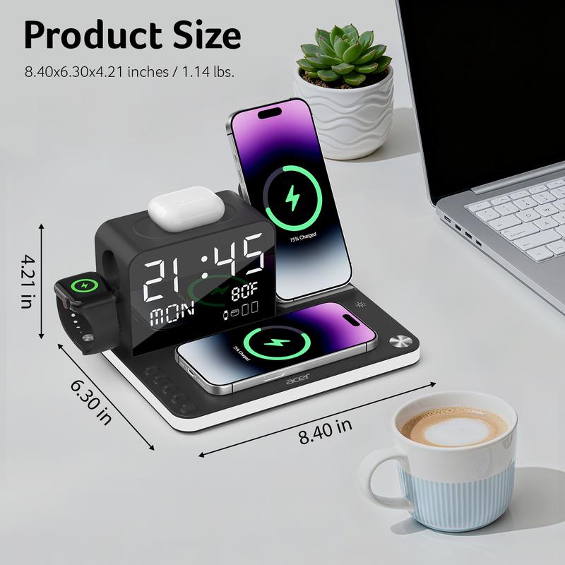 7-in-1 Wireless Charging Station with LED Night Light, Bluetooth Clock, USB-A & USB-C, Gift Ready