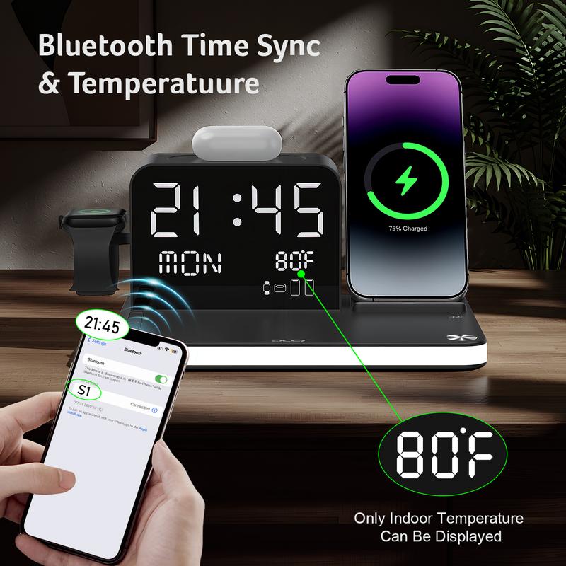 7-in-1 Wireless Charging Station with LED Night Light, Bluetooth Clock, USB-A & USB-C, Gift Ready