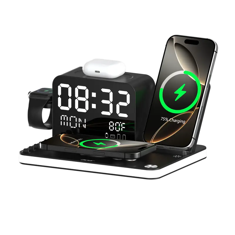 7-in-1 Wireless Charging Station with LED Night Light, Bluetooth Clock, USB-A & USB-C, Gift Ready