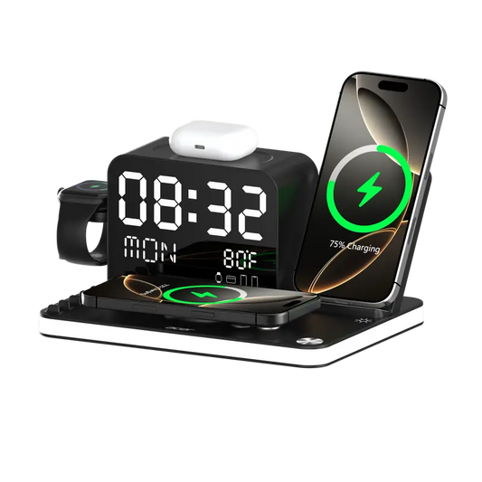 7-in-1 Wireless Charging Station with LED Night Light, Bluetooth Clock, USB-A & USB-C, Gift Ready